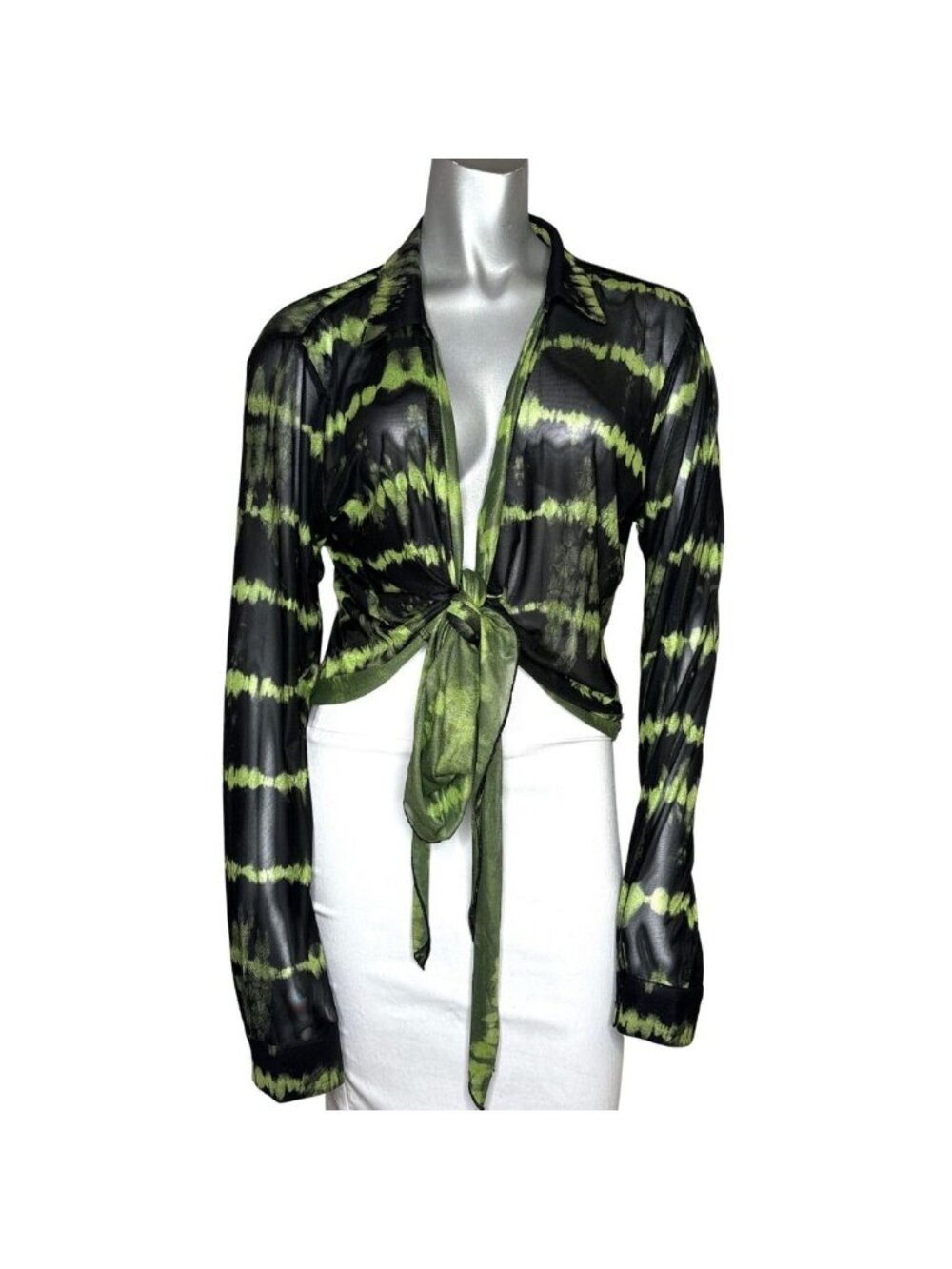 I.AM.GIA Green & Black Tie Dye Mesh Long Sleeve Plunge Tie-Front Crop Top Size L